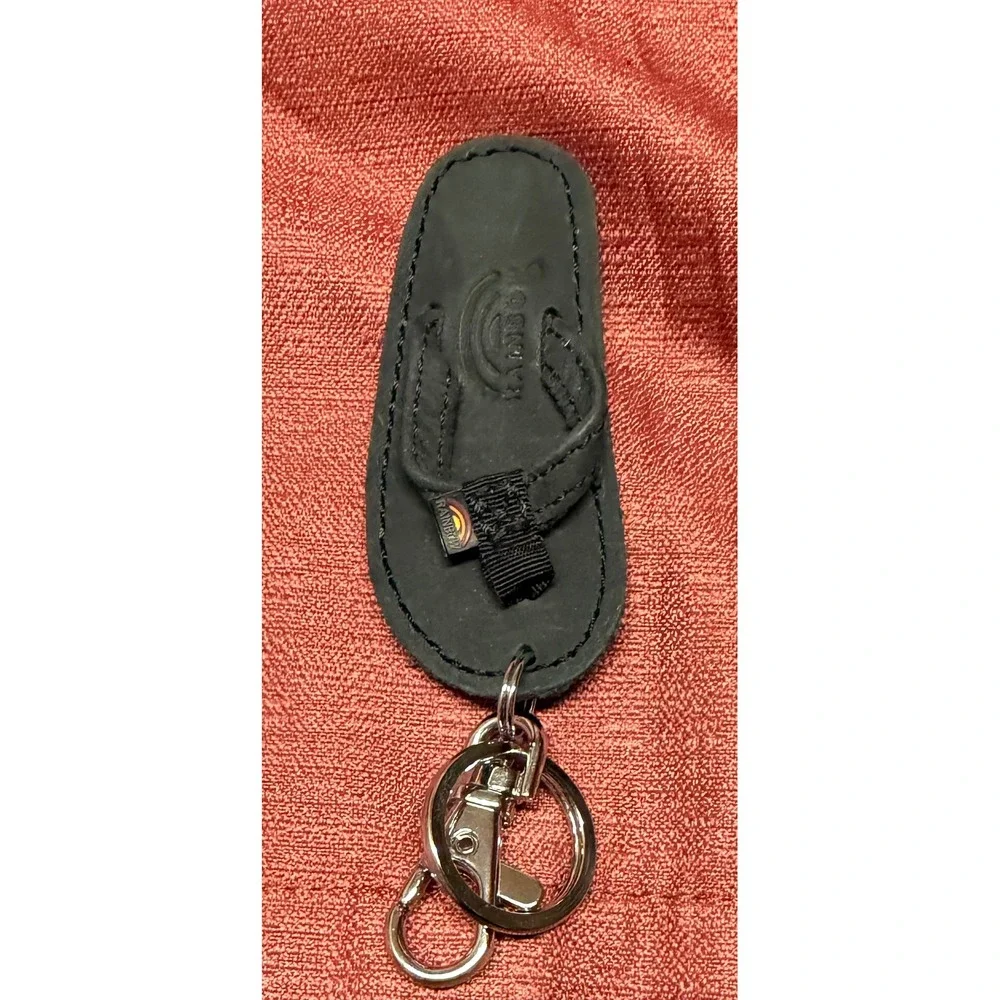 Rainbow Sandals Black Leather Flip Flop Keychain Mini Sandal Logo Key Fob Clasp